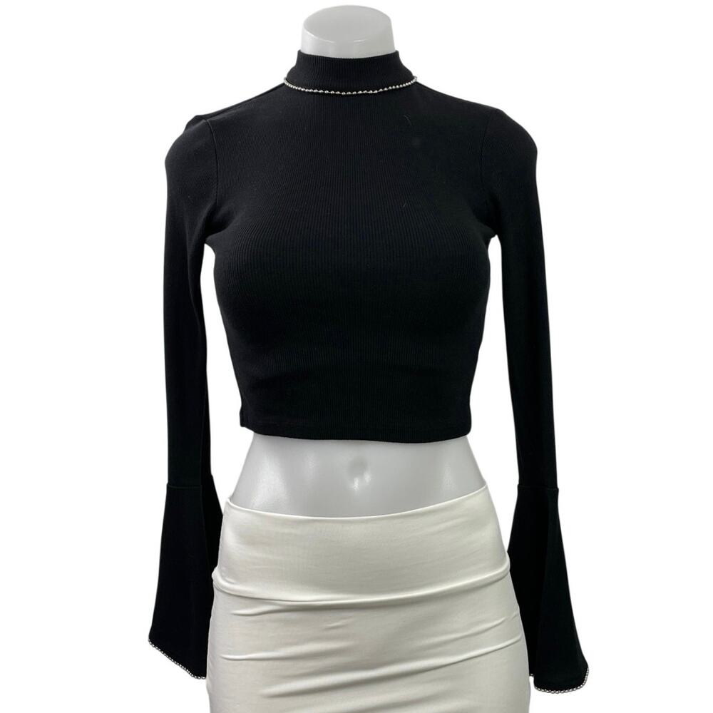 Topshop Women's Black Ribbed Knit Mock Neck Long Bell Sleeve Crop Top Size S